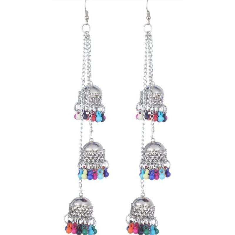 Antique triple Afghani Kashmiri oxidized silver jhumka earrings with multicolor beads.