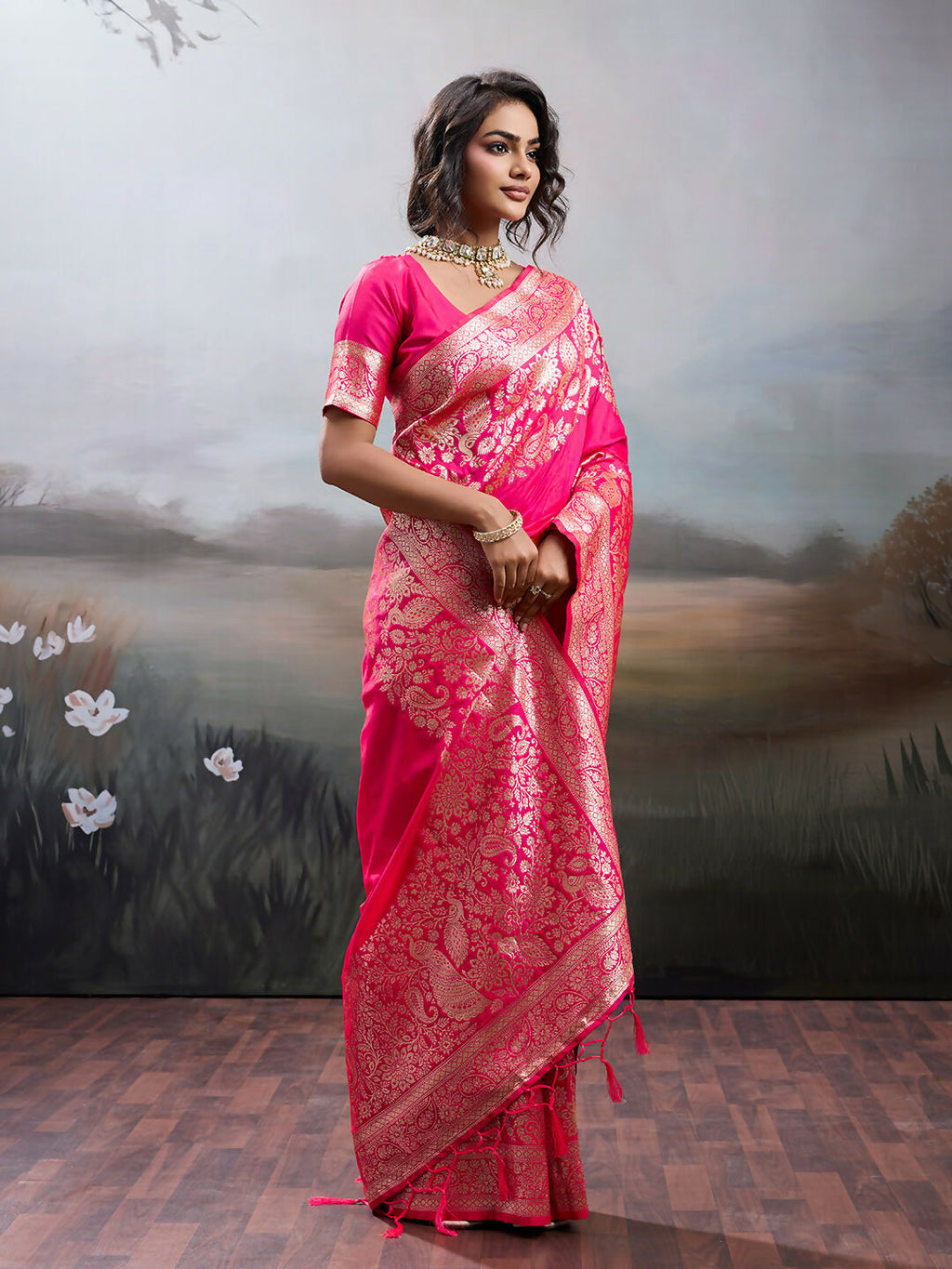 Pink Silk Blend Saree with Matching Blouse Piece