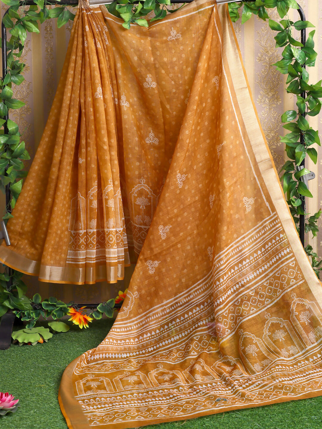 Vibrant mustard cotton saree with matching mustard blouse