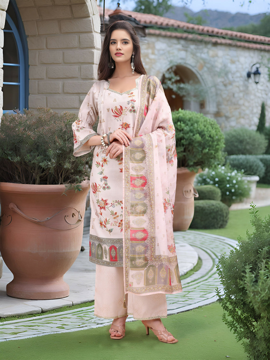 Off white linen kurta set with digital position print and foil detailing