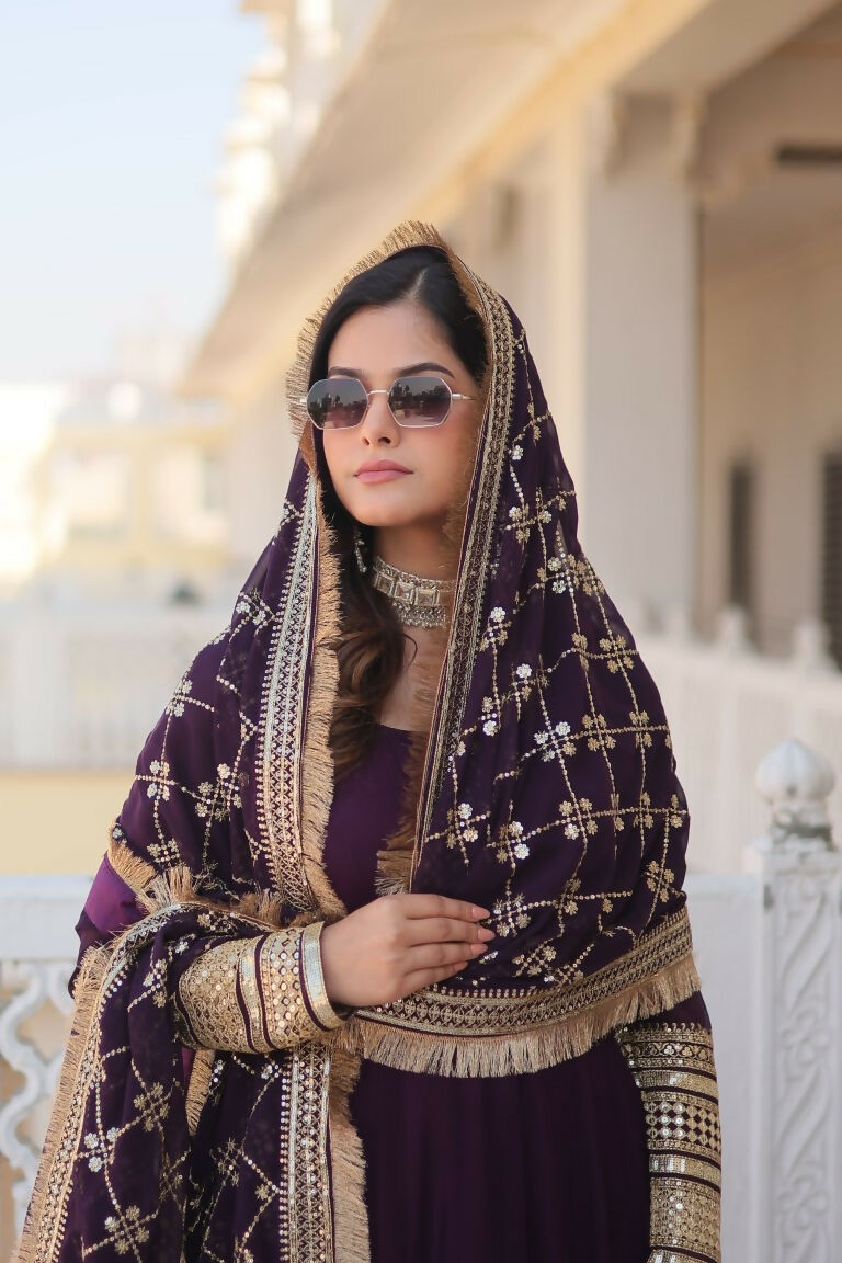 Wine Faux Blooming Anarkali Dress with Sequins Zari Embroidery