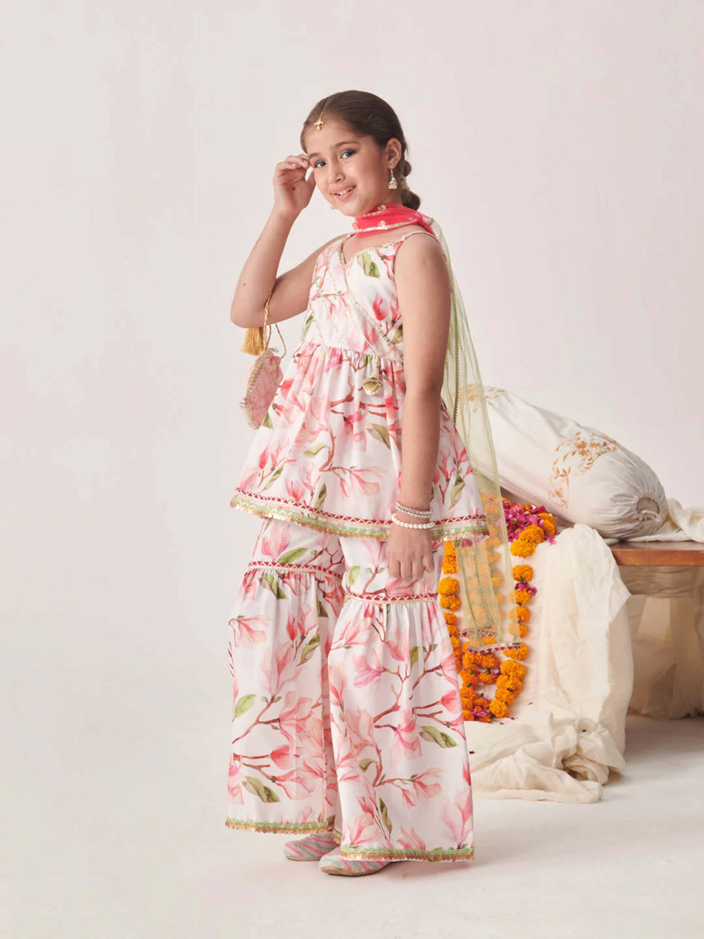 Girl's Multi Color Sharara Set in White Pink and Green