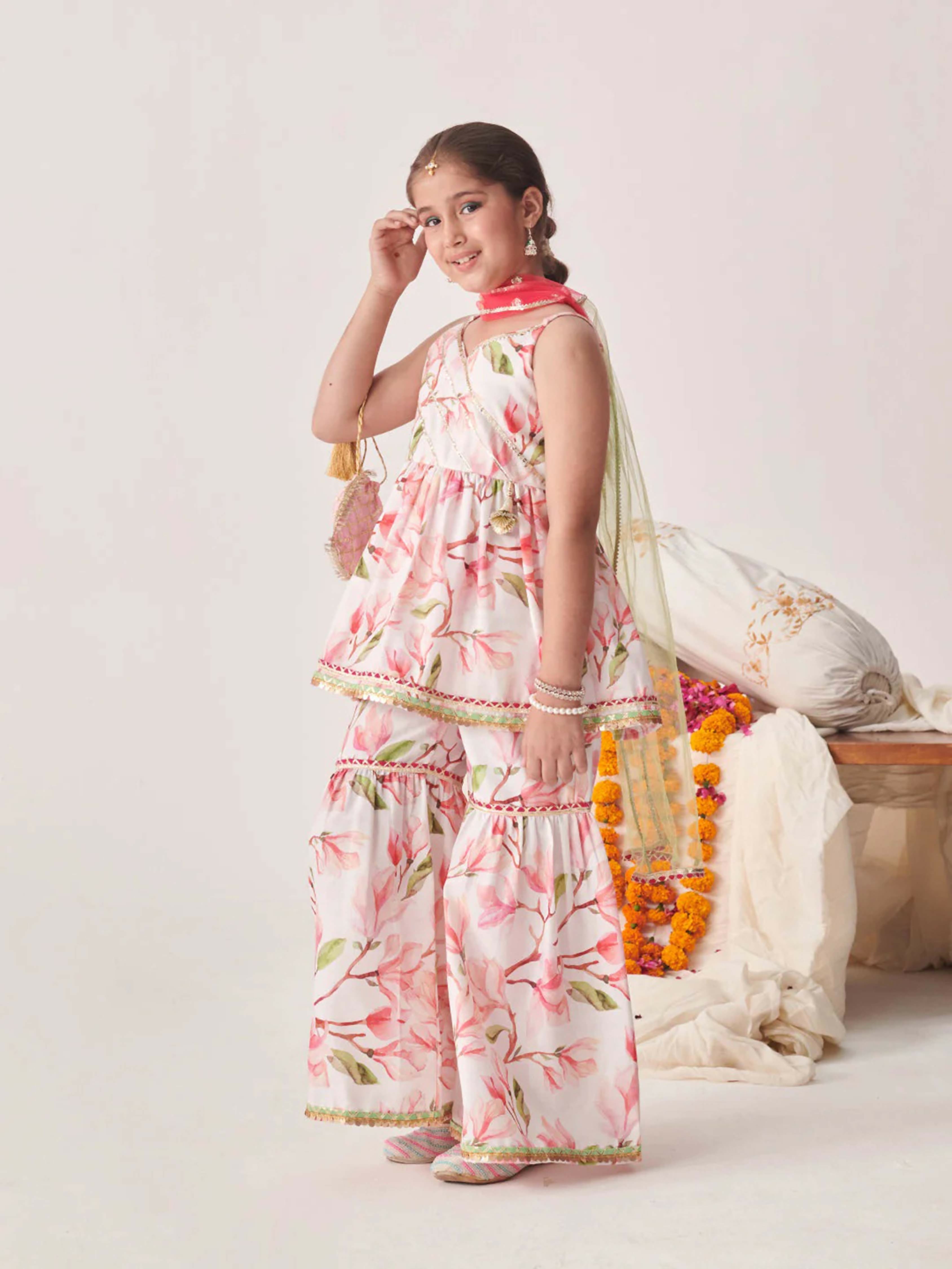 Girl's Multi Color Sharara Set in White Pink and Green