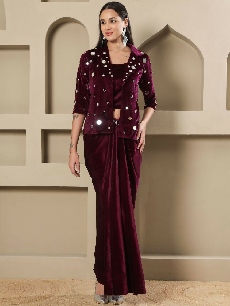 Women's Wine Velvet Hand Embellished Stitched Evening Dress