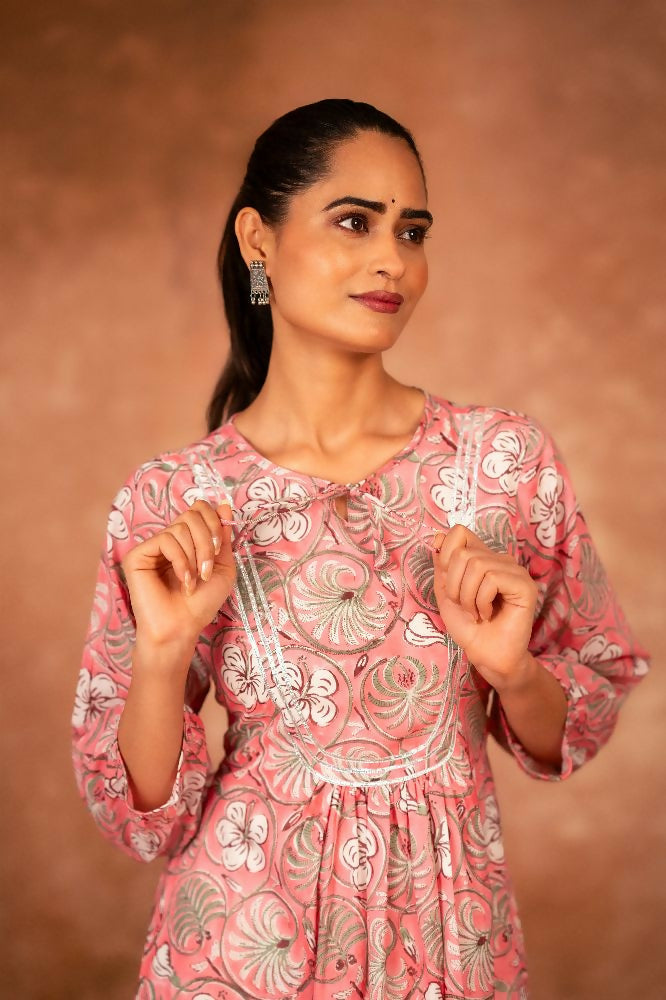 Pink Floral Hand Block Printed Cotton Kurta and Pant Set