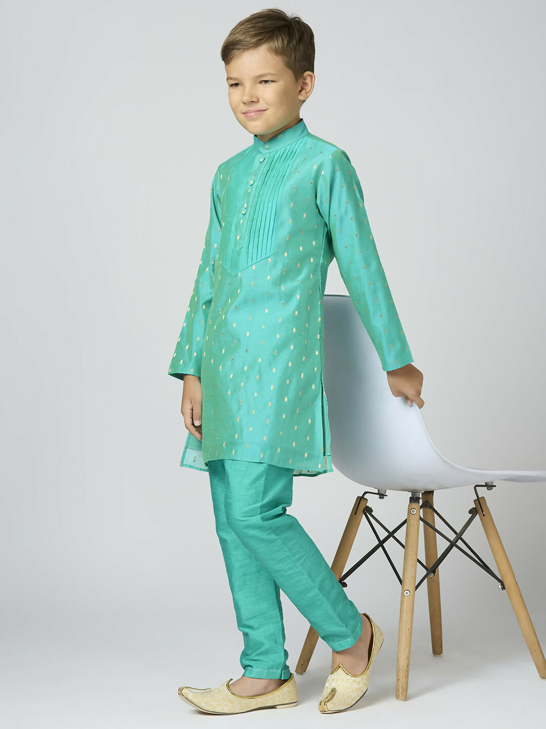 Boys Sea Green Chanderi Kurta and Pyjama set with traditional gold Butta embroidery