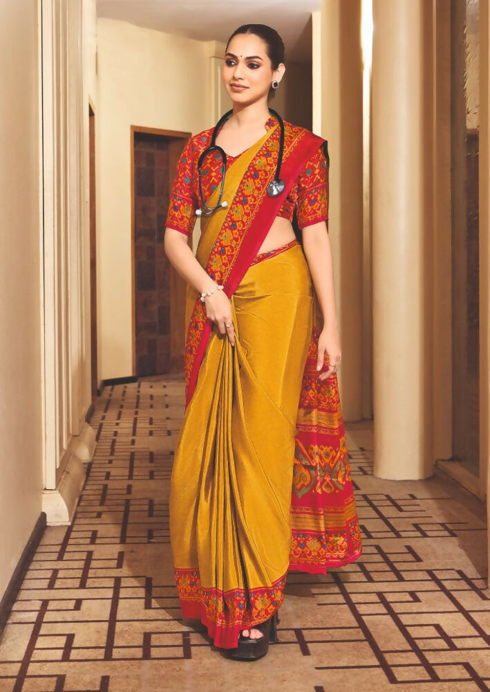 Yellow Crepe Silk Saree with Traditional Print for Party Wear