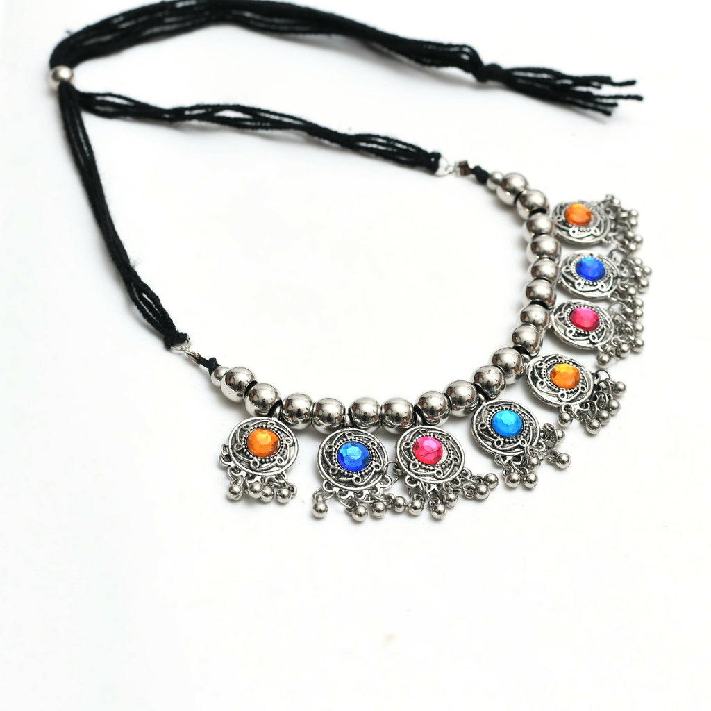Oxidised Silver-Plated Kundan Choker with Multi-Color Stones