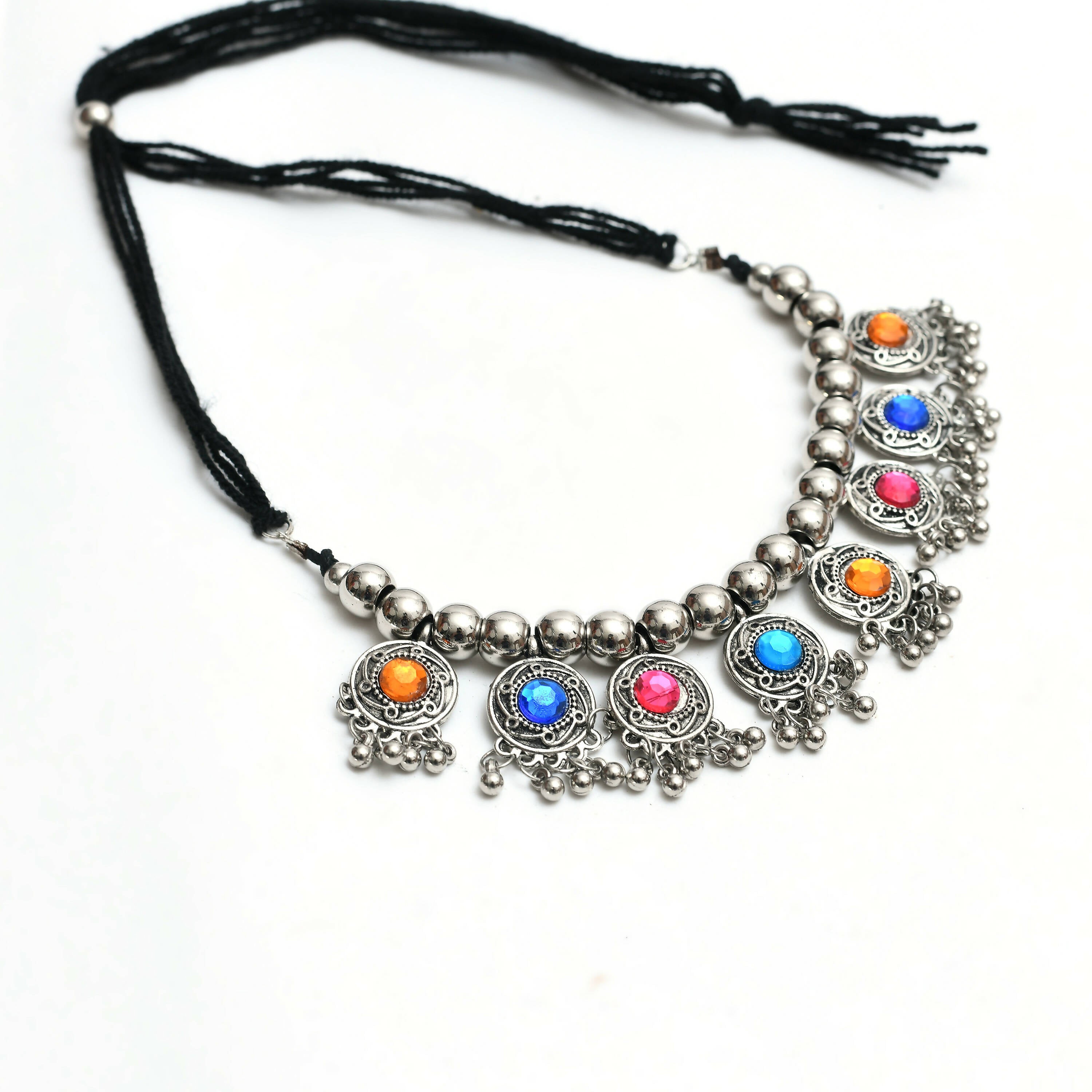 Oxidised Silver-Plated Kundan Choker with Multi-Color Stones