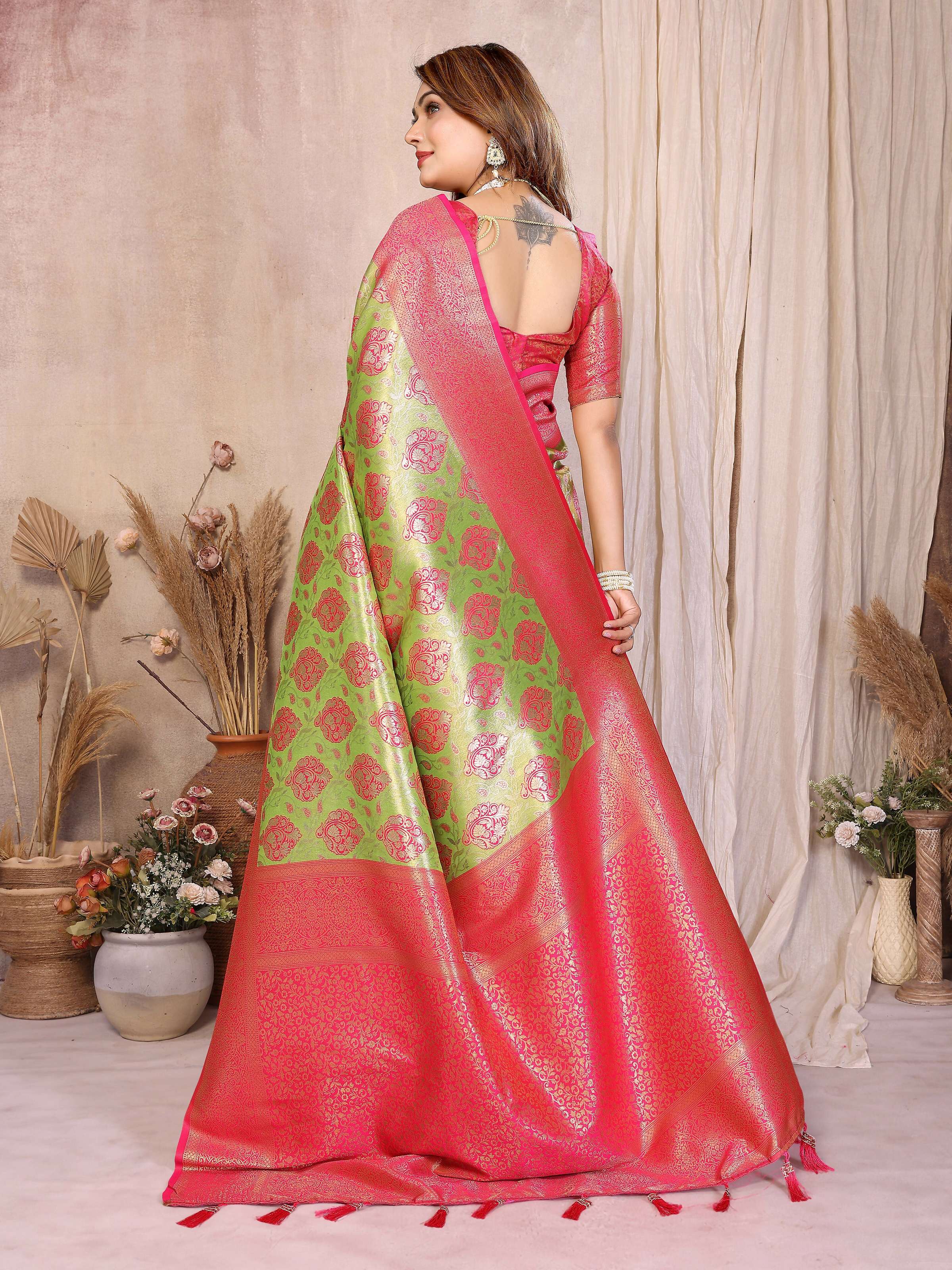 Pista Banarasi Tissue Silk Saree with Elegant Weaving