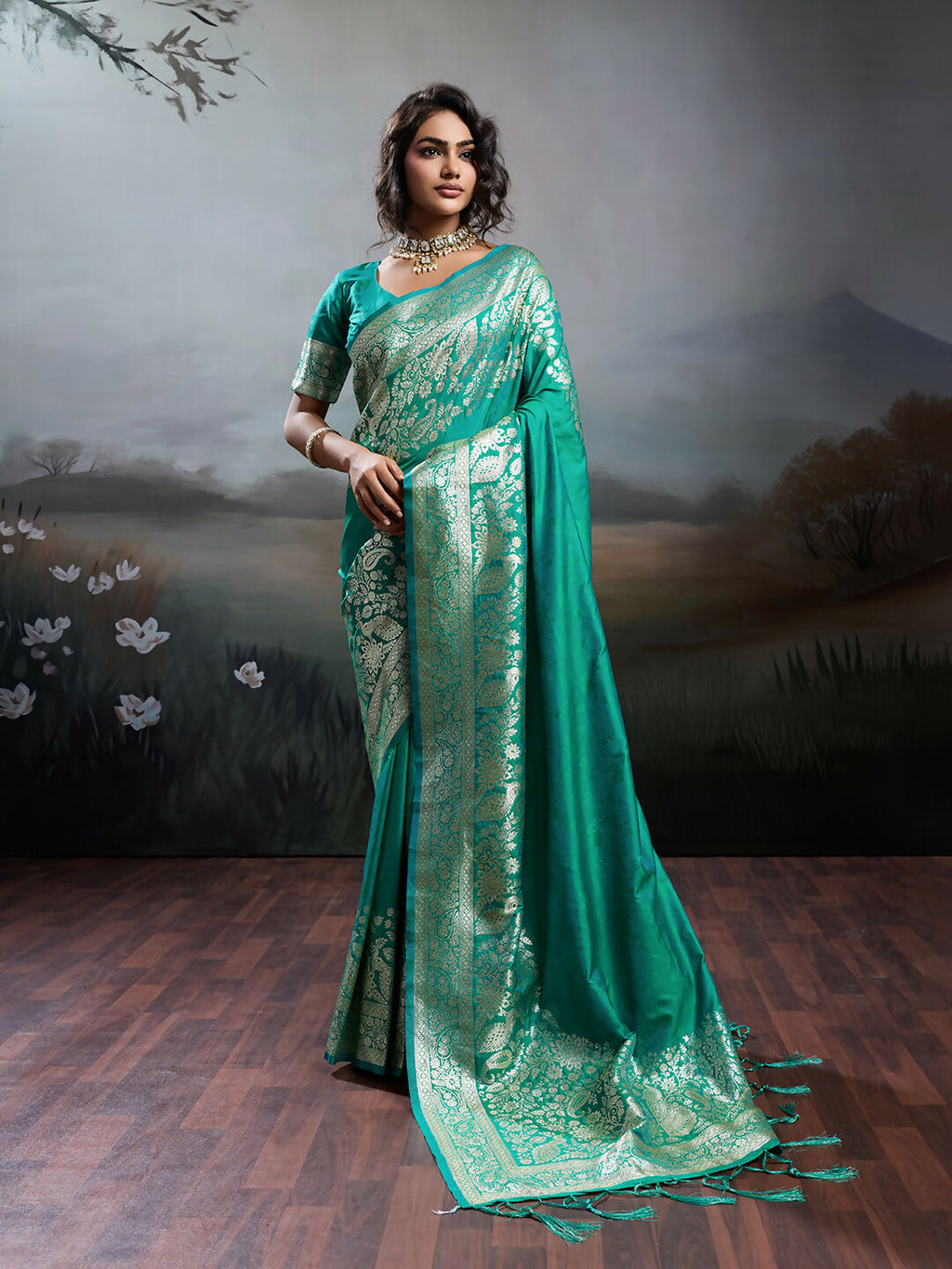 Deep teal Rama silk blend saree with metallic gold woven zari border detail