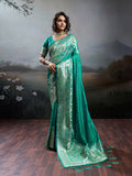 Deep teal Rama silk blend saree with metallic gold woven zari border detail