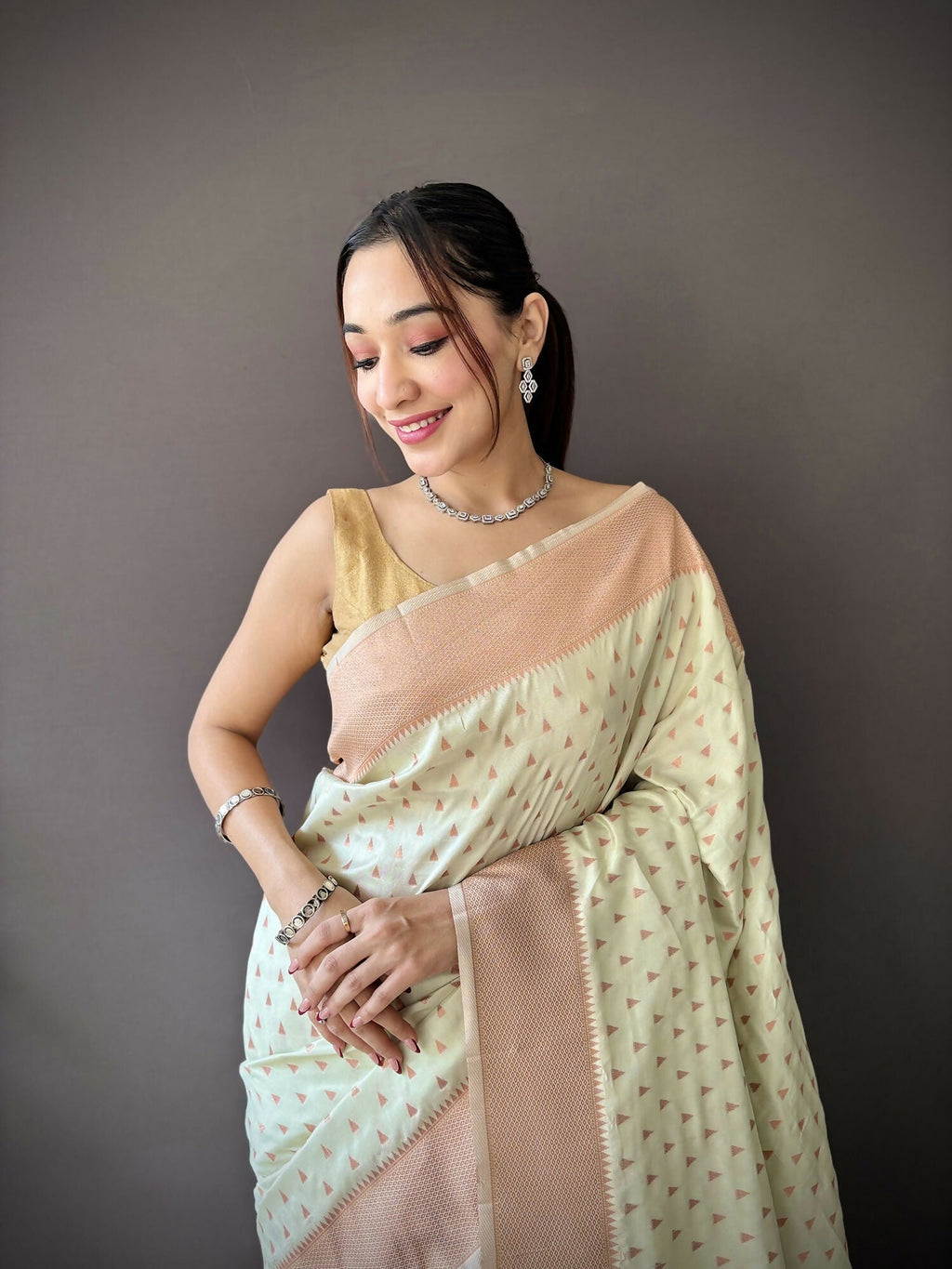 Beige Jacquard Butti Soft Lichi Silk Paithani Saree