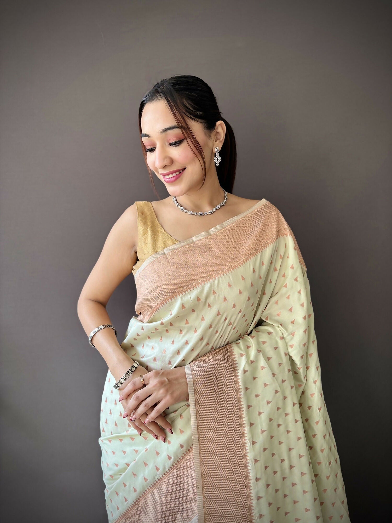 Beige Jacquard Butti Soft Lichi Silk Paithani Saree