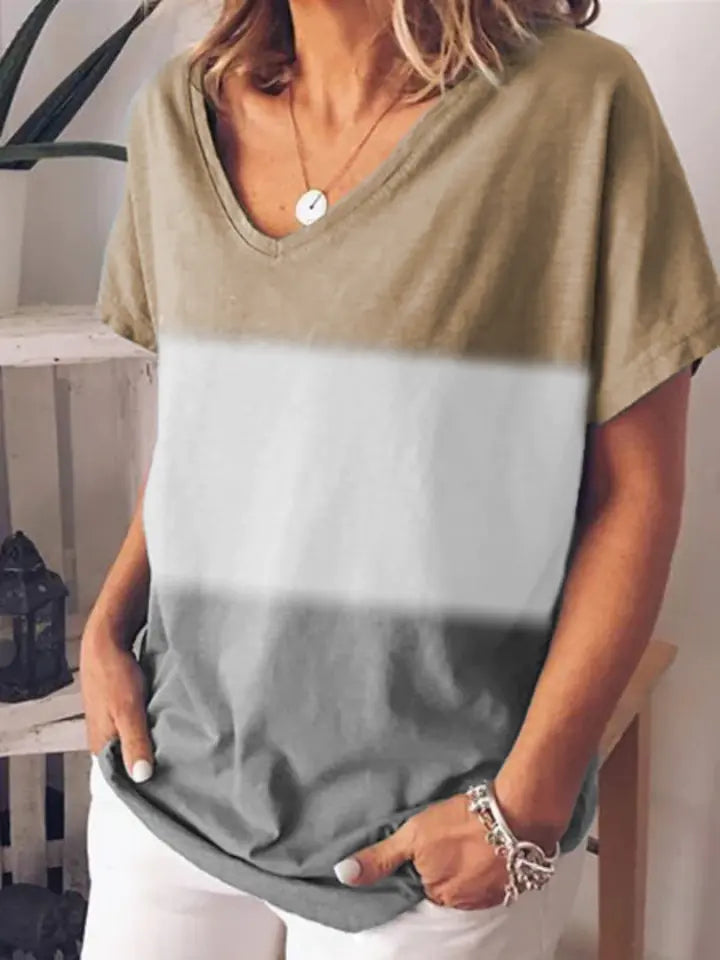 Women's Short Sleeve V-Neck Color Block Gradient T-Shirt - Image 31