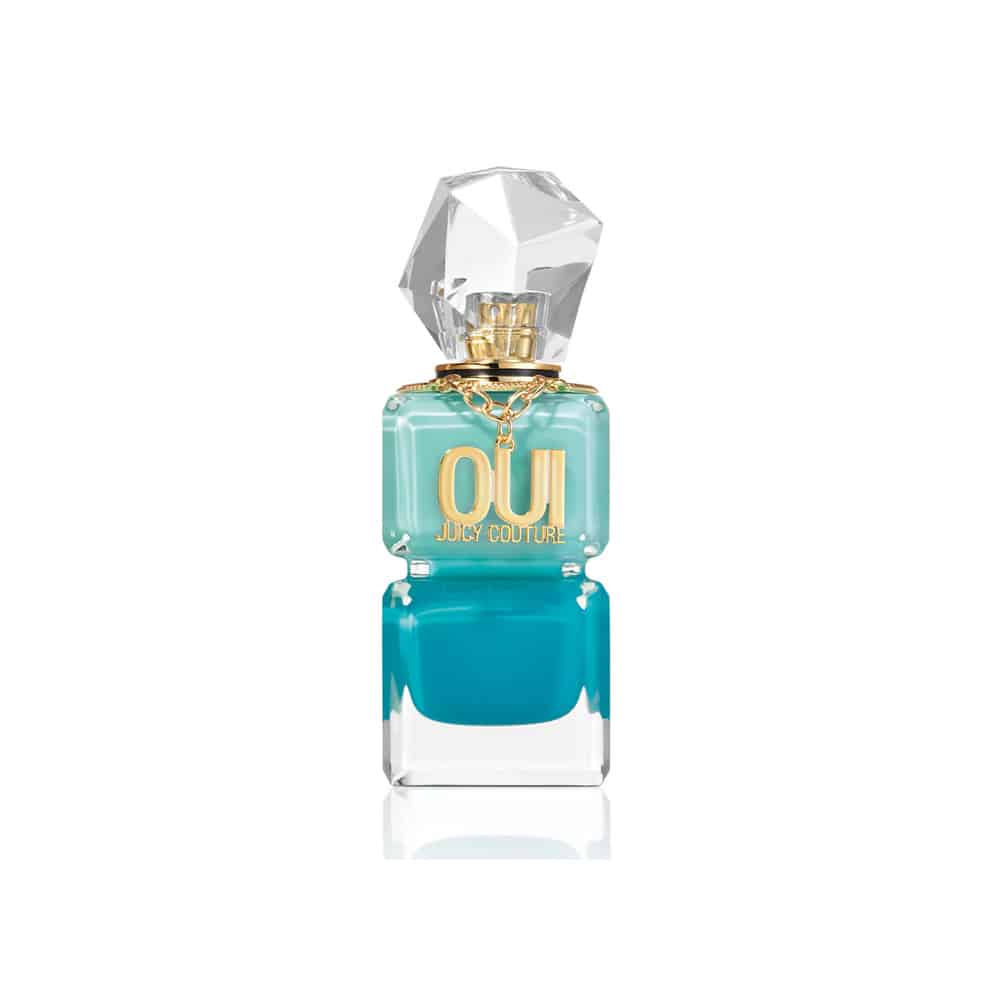Juicy Couture Oui Splash Eau de Parfum bottle in teal and gold design.