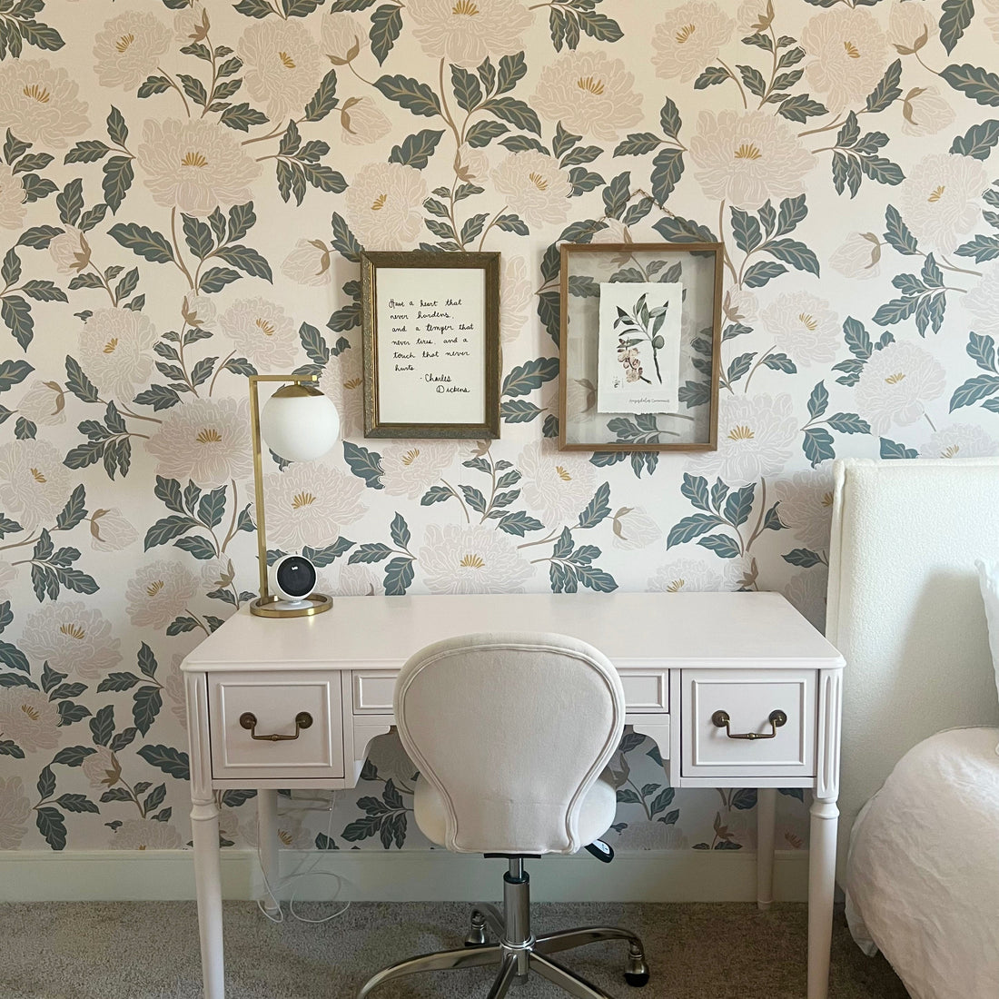 Riley floral pattern in muted sage green and cream for a romantic, cottagecore interior.
