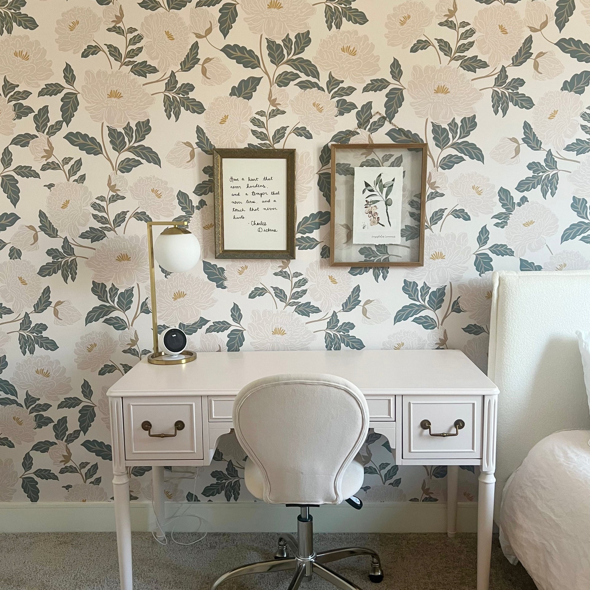 Riley floral pattern in muted sage green and cream for a romantic, cottagecore interior.