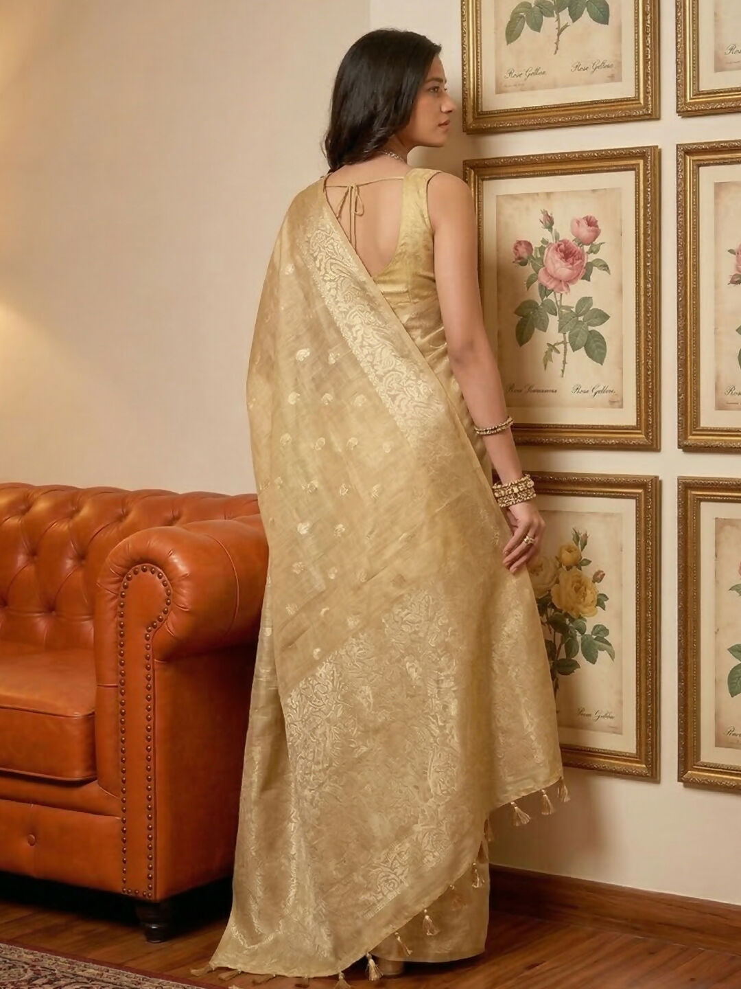 Cream Tissue Silk Saree with Matching Blouse Piece