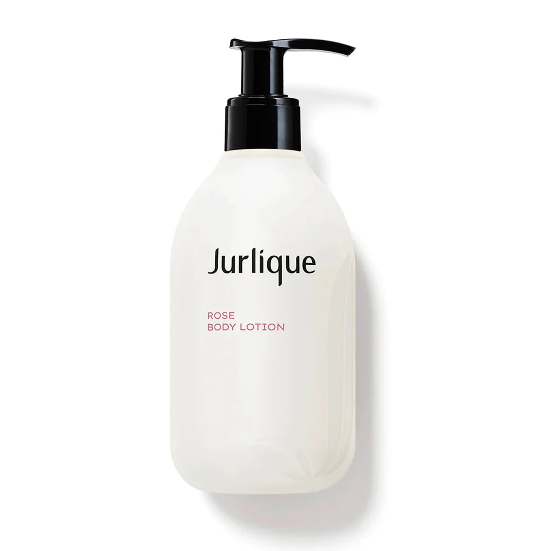 Elegant bottle of Jurlique Rose Body Lotion featuring rose botanical illustrations.