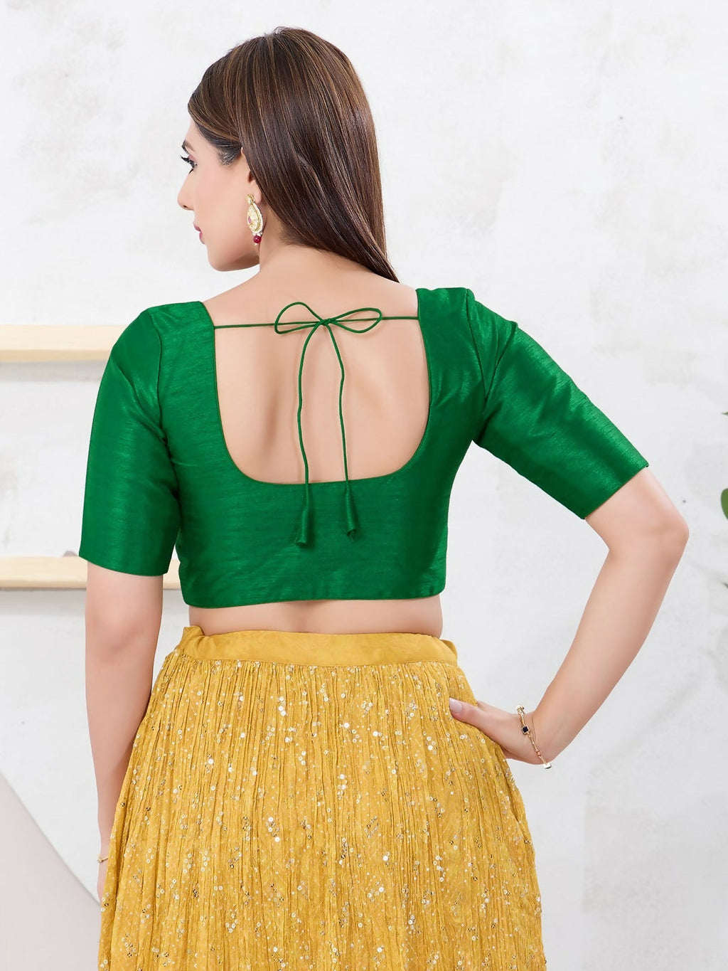 Green Dupion Silk Elbow Sleeve Round Neck Front Open Blouse