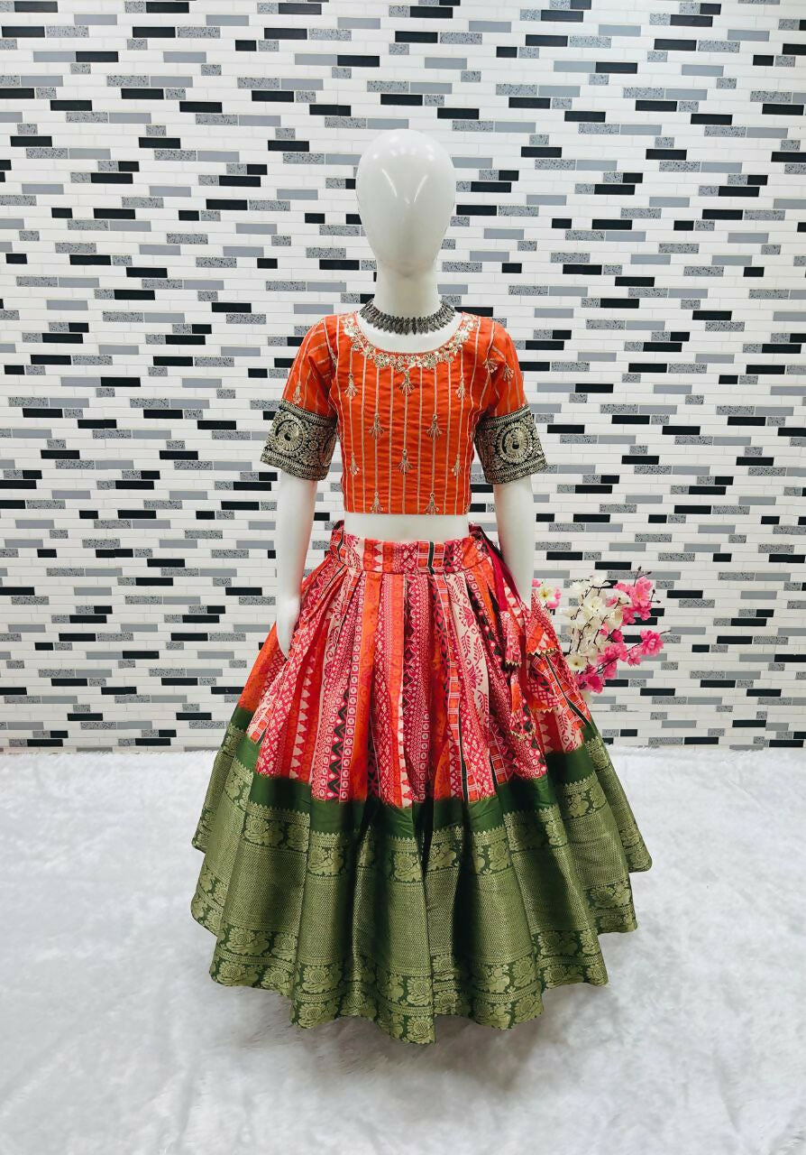 Orange Pure Kota Silk Print Zari Woven Kids Lehenga Set