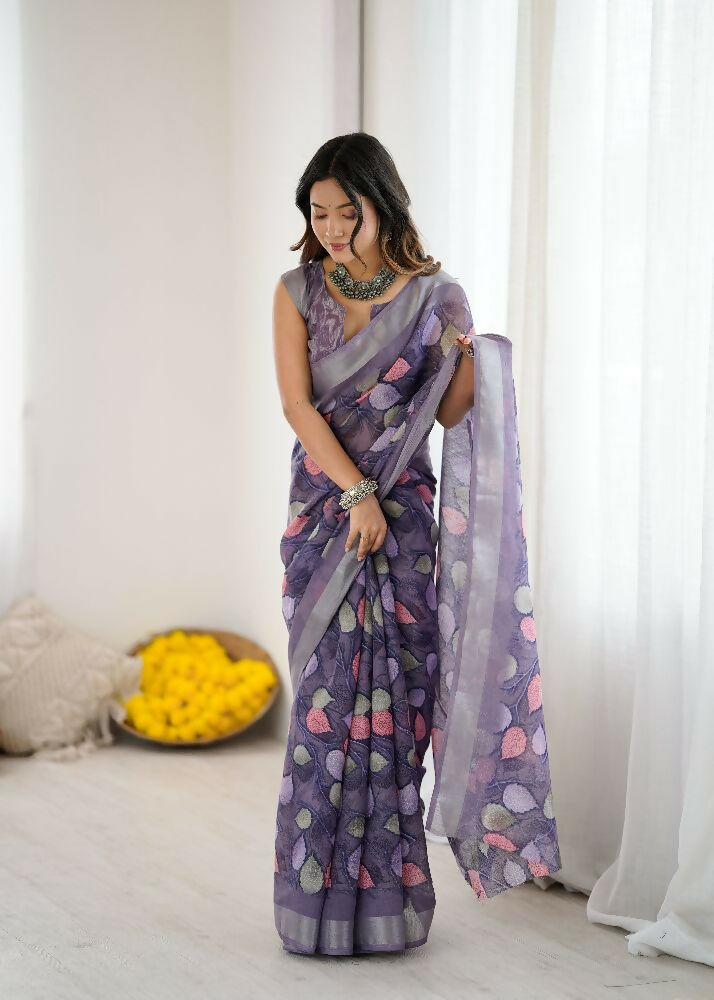 Lavender Linen Patta Printed Saree