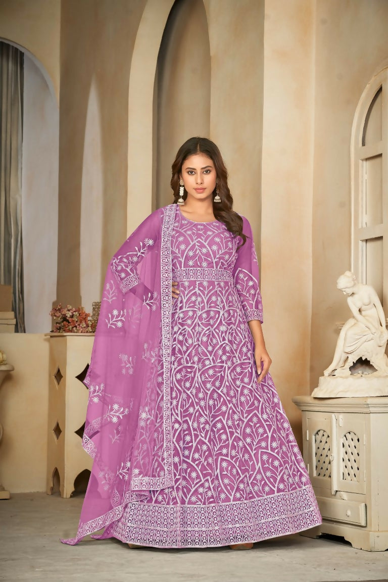 Purple net embroidered Anarkali kurta set with matching pants and dupatta