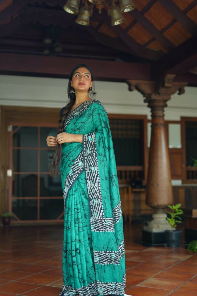 Rama Green & Black Pure Chanderi Cotton Batik Saree