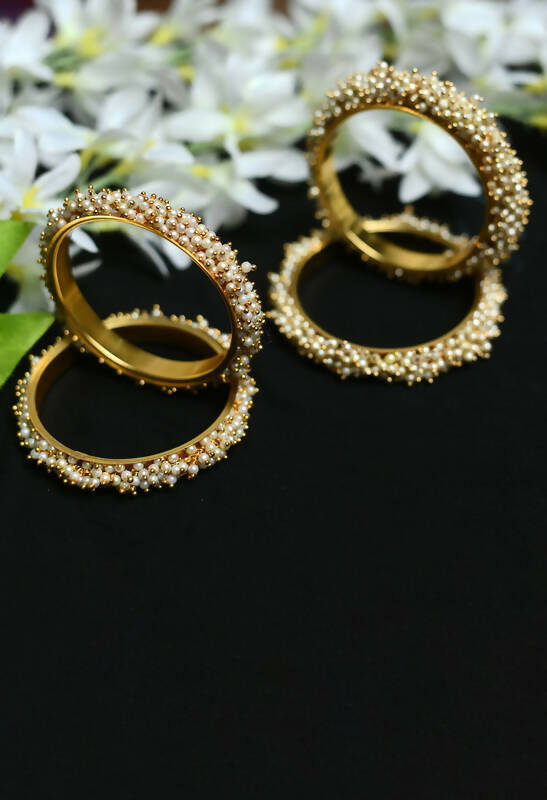 Joharkamal Gold-Polished Off White Bead Bangle and Ring Set