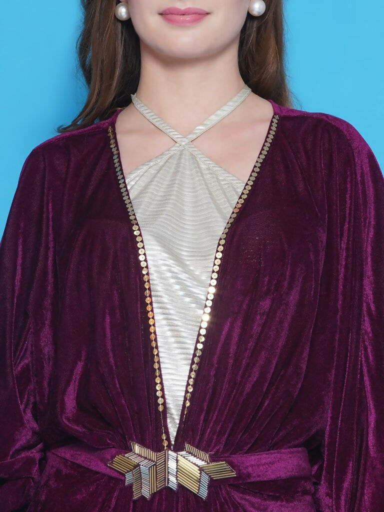 Wine Velvet Gown with Silver Halter Neck Inner - Evening Wear
