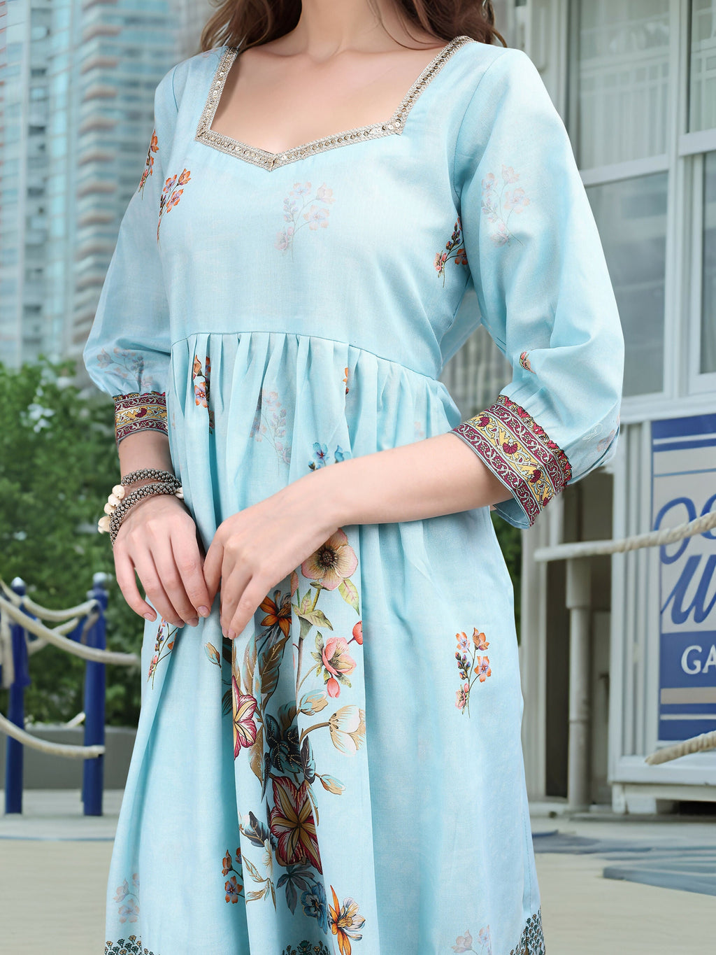 Sky Blue Linen Kurta Set with Digital Print and Foil