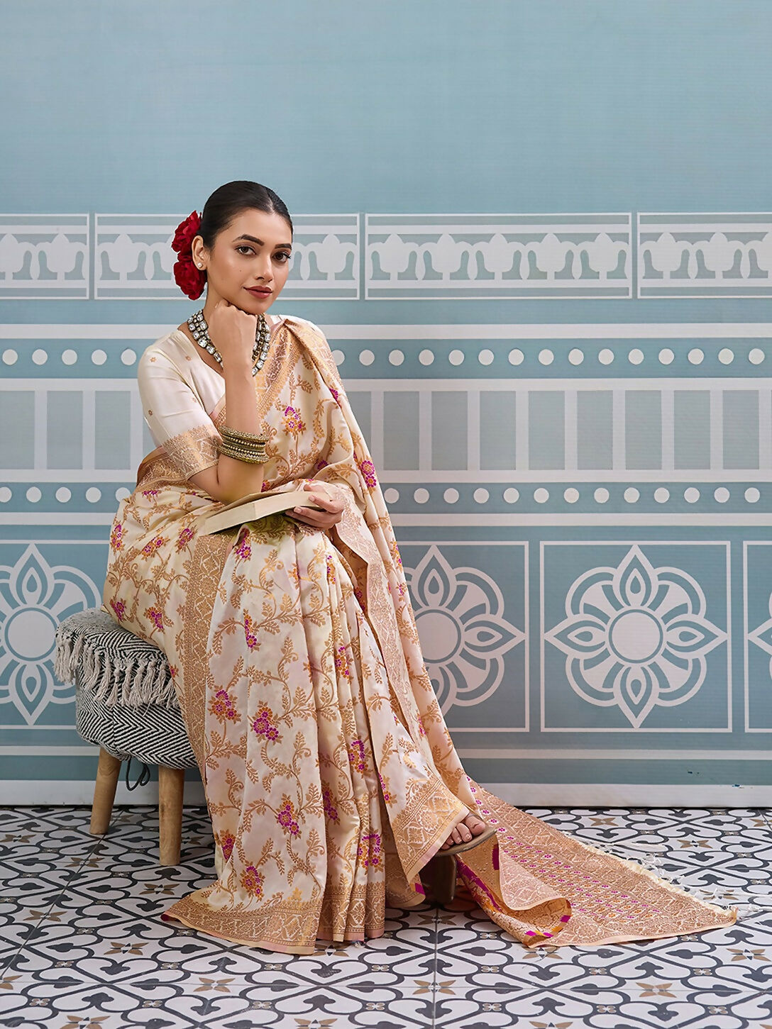 Cream Silk Saree with Matching Blouse - Minimalist Ethnic Elegance
