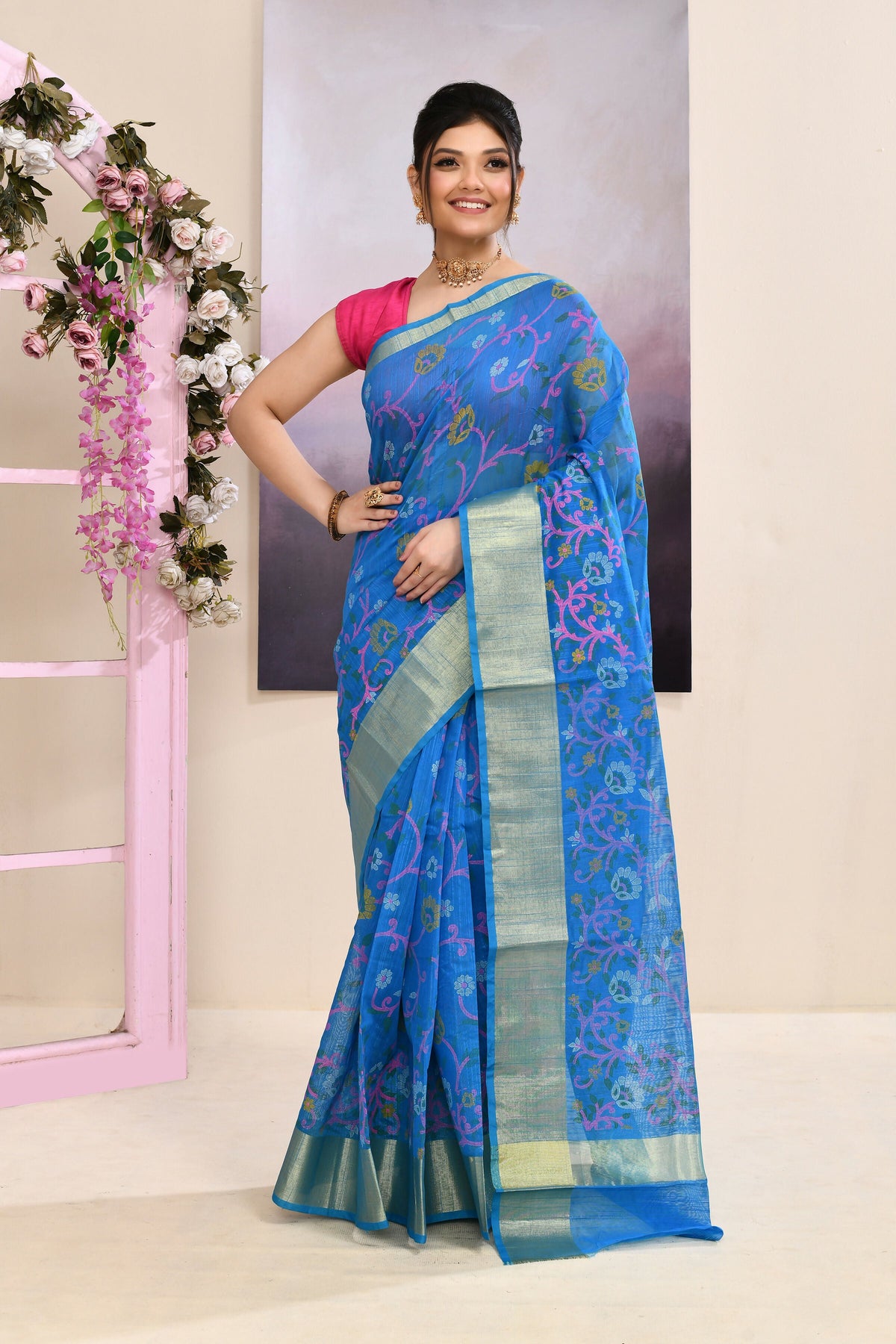 Sky Blue Printed Saree with Embellished Cotton Blend Fabric