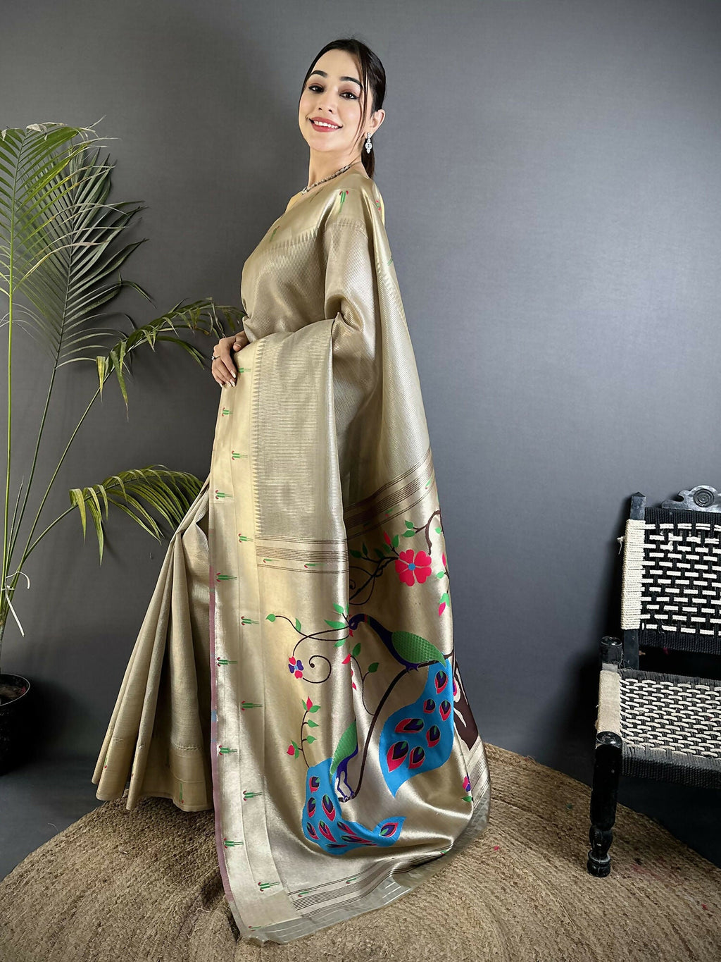 Beige Tissue Paithani Saree with Peacock and Floral Motifs