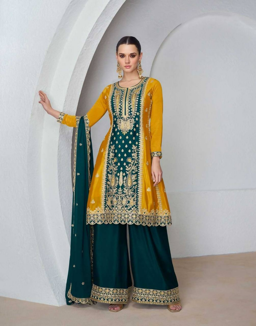 Yellow and Rama colored Chinon salwar kameez with sequin embroidery