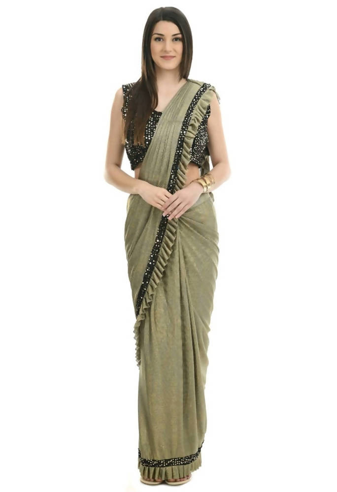 Olive Green and Black ruffled ready-to-wear saree with sequence embroidery blouse