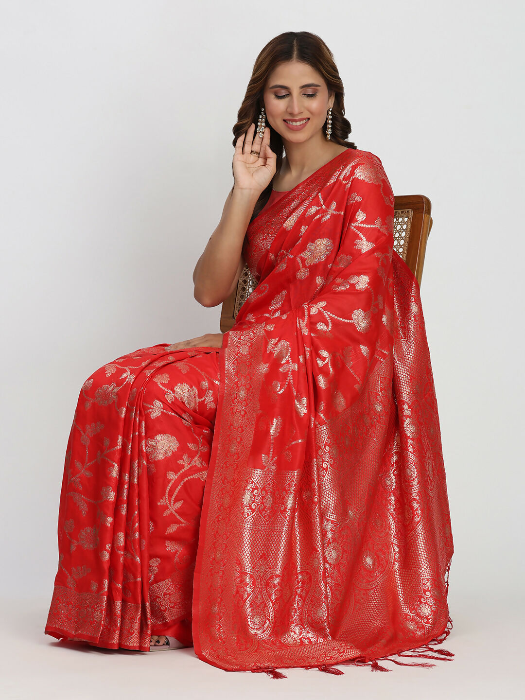 Red Banarasi Silk Saree with Matching Blouse Fabric