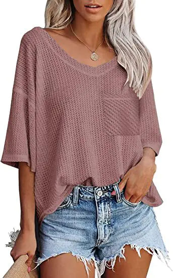 Women's Pink Waffle Knit V-Neck Short Sleeve Casual Loose Shirt - Image 42