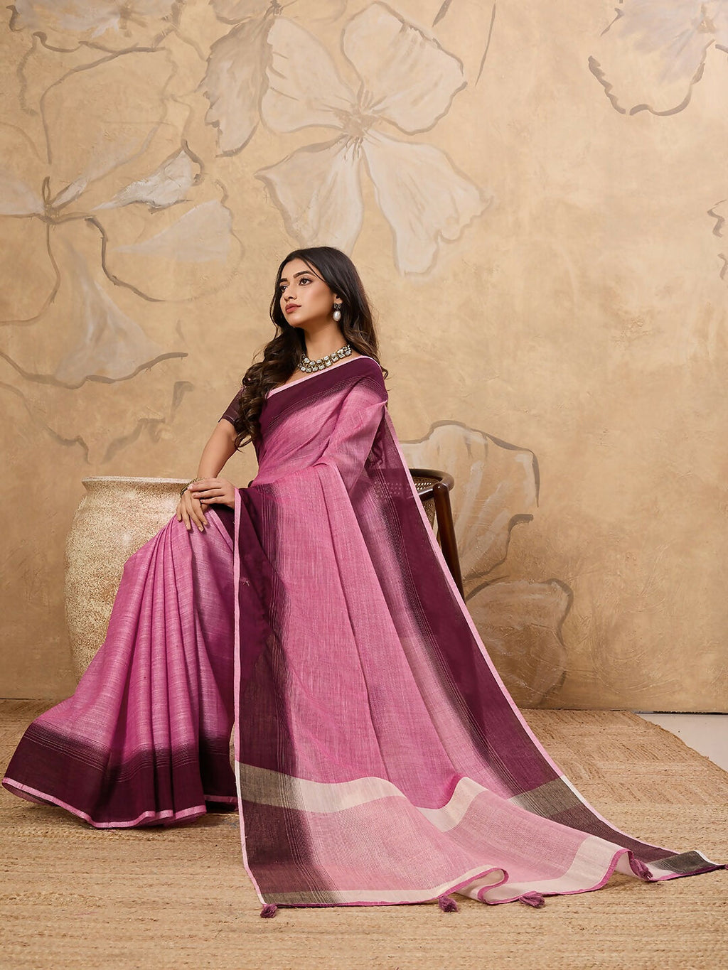 Rani Pink Linen Saree with Matching Blouse - Breathable Ethnic Wear