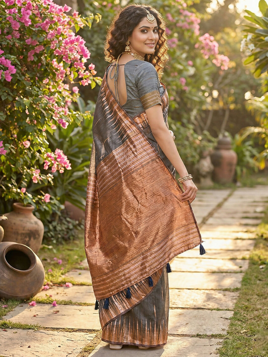 Grey Linen Cotton Saree with Matching Blouse Piece