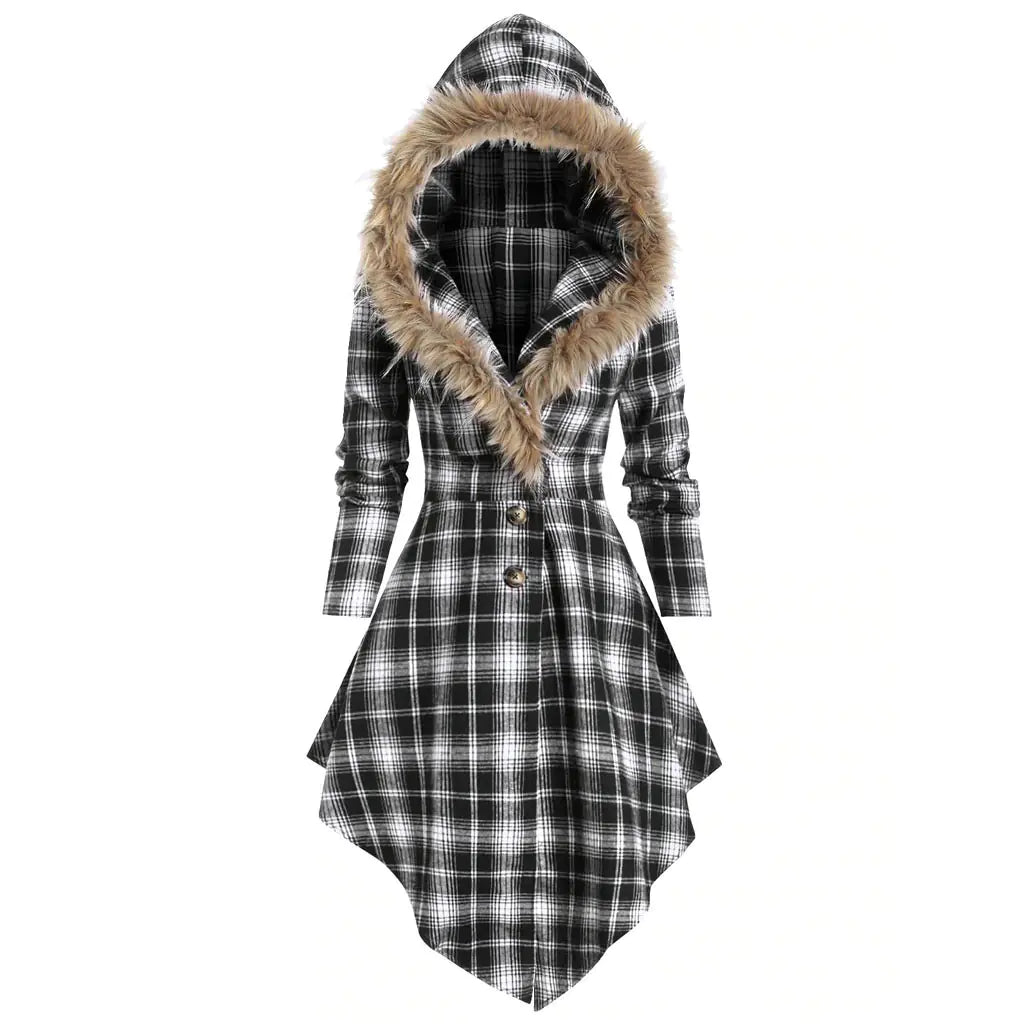 New Women's Winter Plaid Coat with Hood and Belt