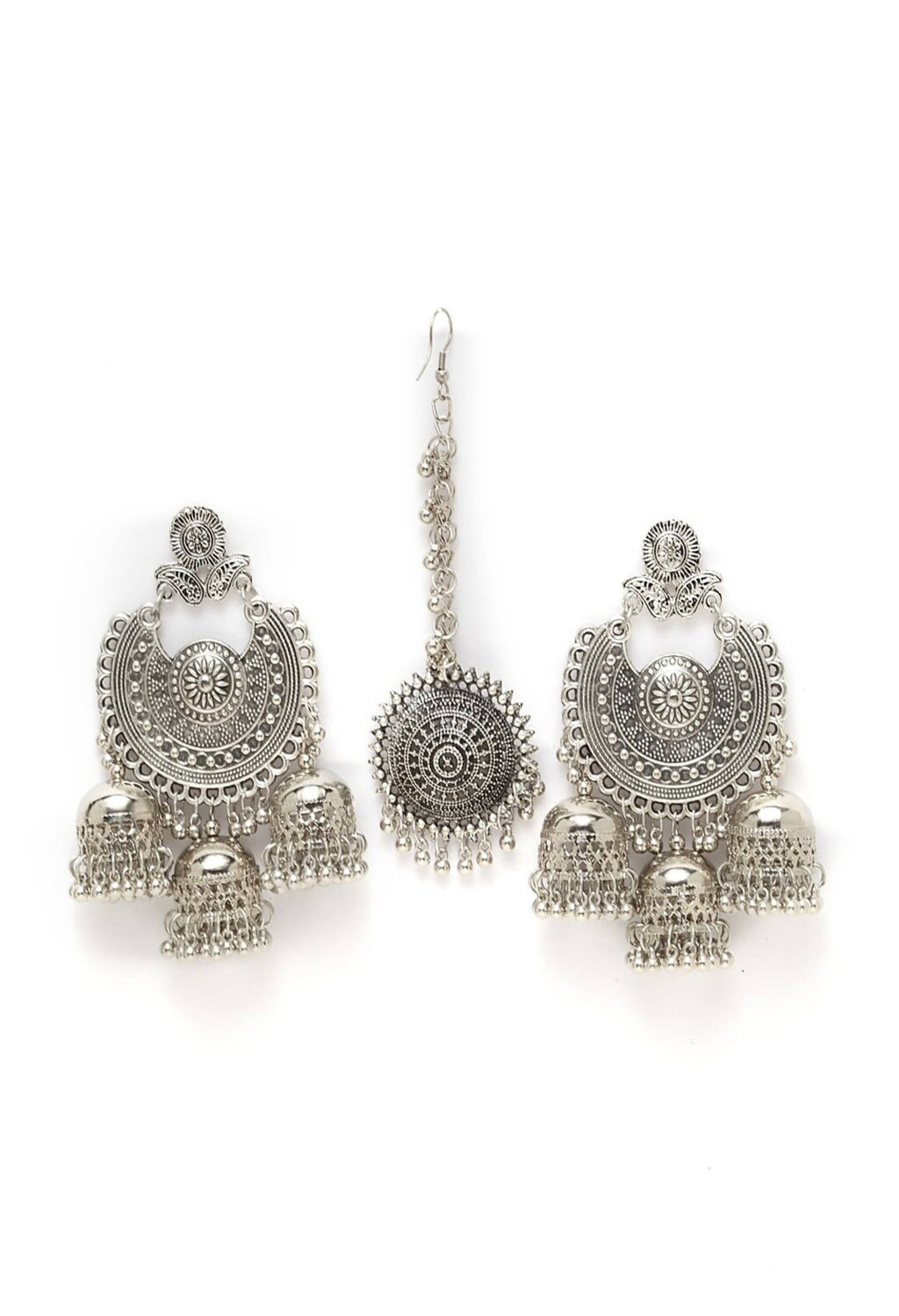 Silver Jhumka Earrings with Maang Tikka - Bohemian Ethnic Style
