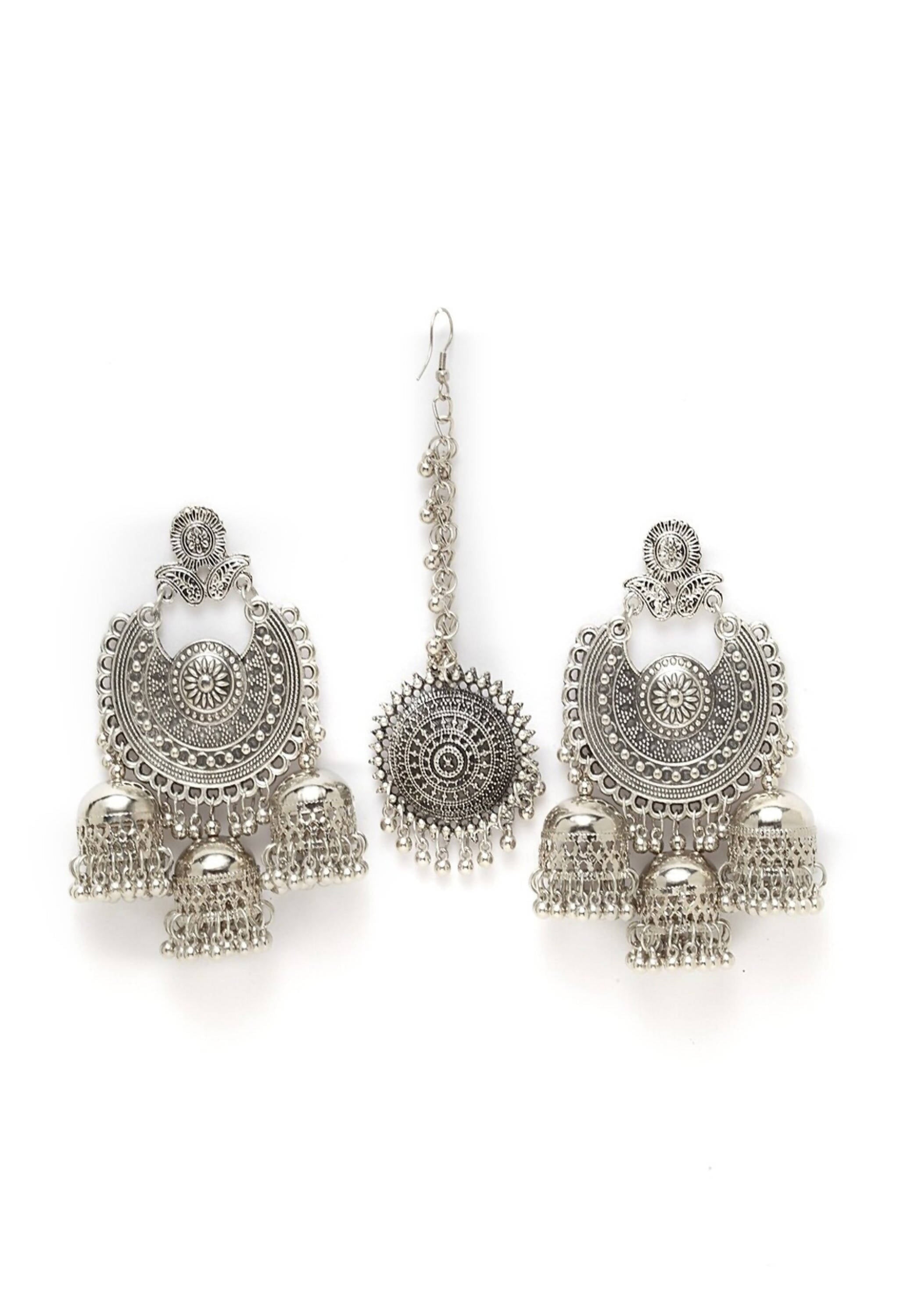 Silver Jhumka Earrings with Maang Tikka - Bohemian Ethnic Style