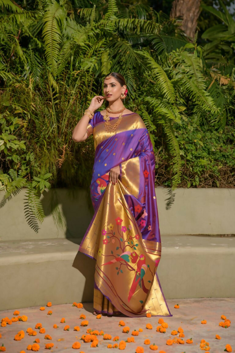 Purple Paithani Silk Zari Woven Saree with Matching Blouse