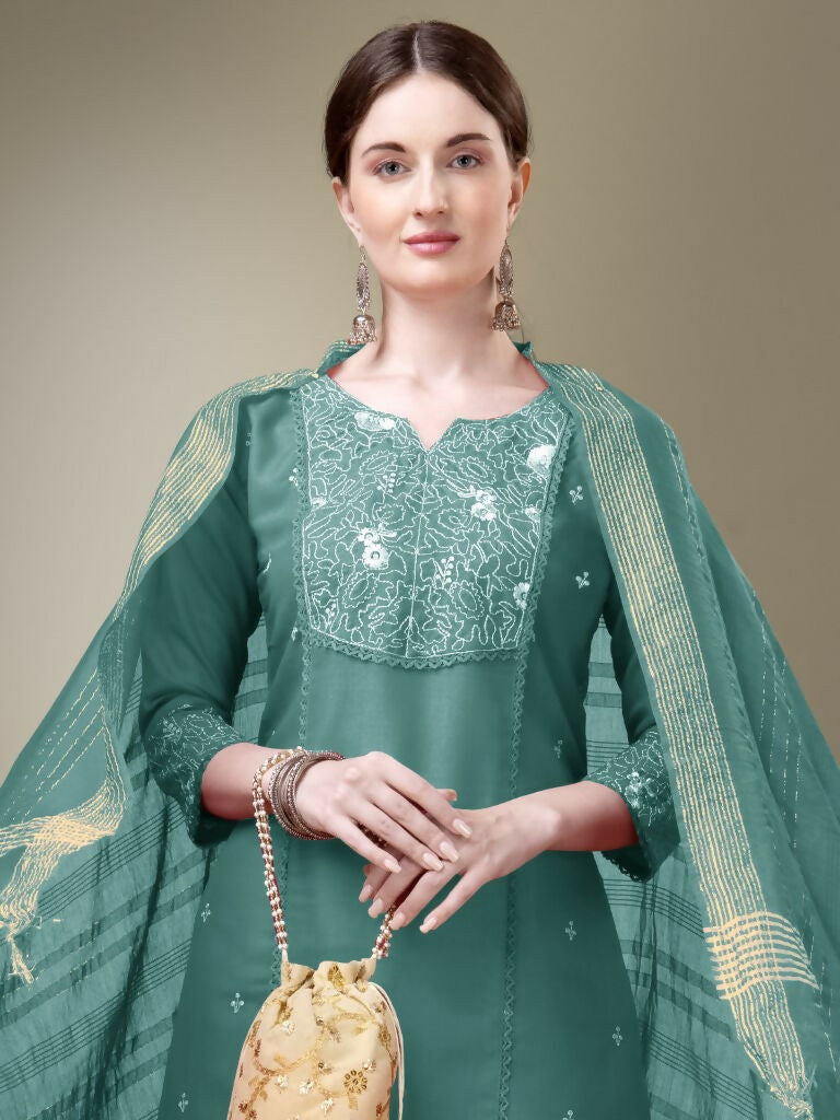 Women's Teal Cotton Blend Embroidered Kurta Set with Lace Work