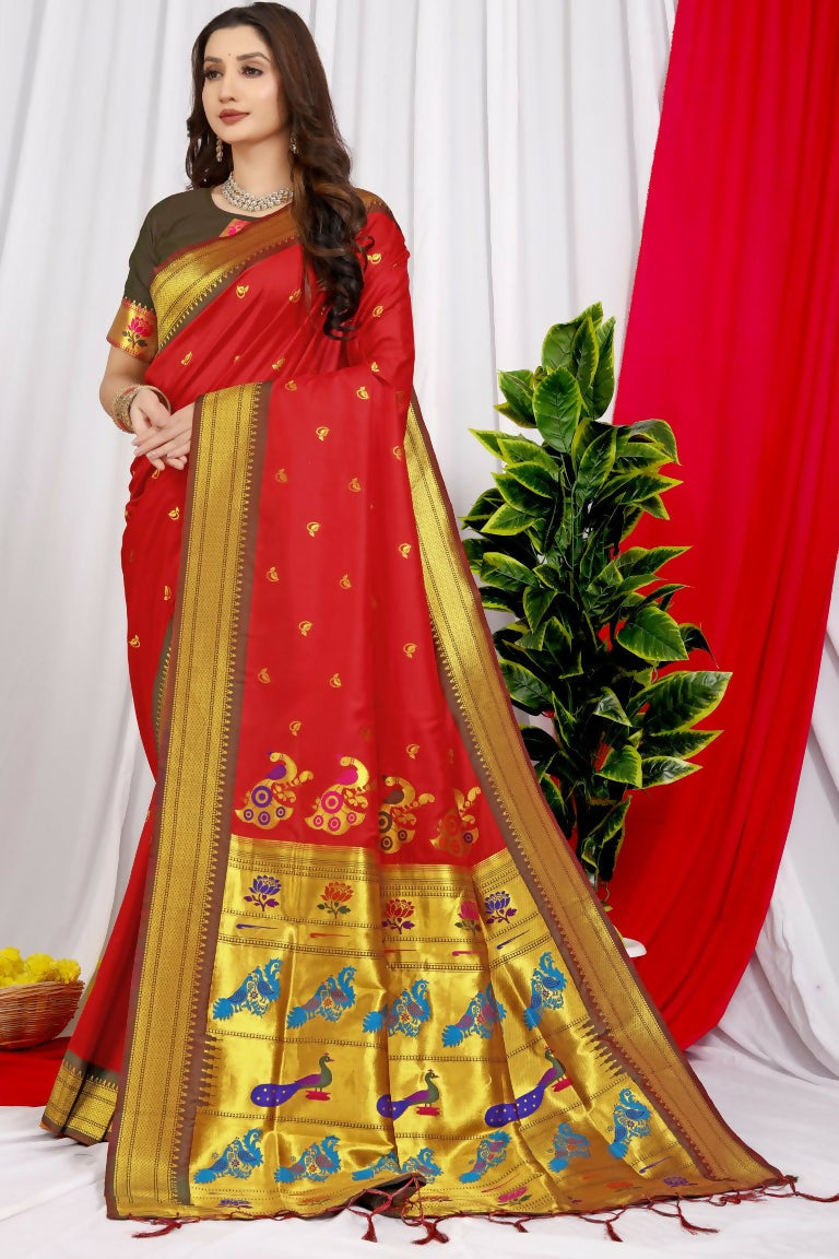 Deep maroon Paithani silk saree featuring Zari woven work and a contrasting coffee-colored blouse.