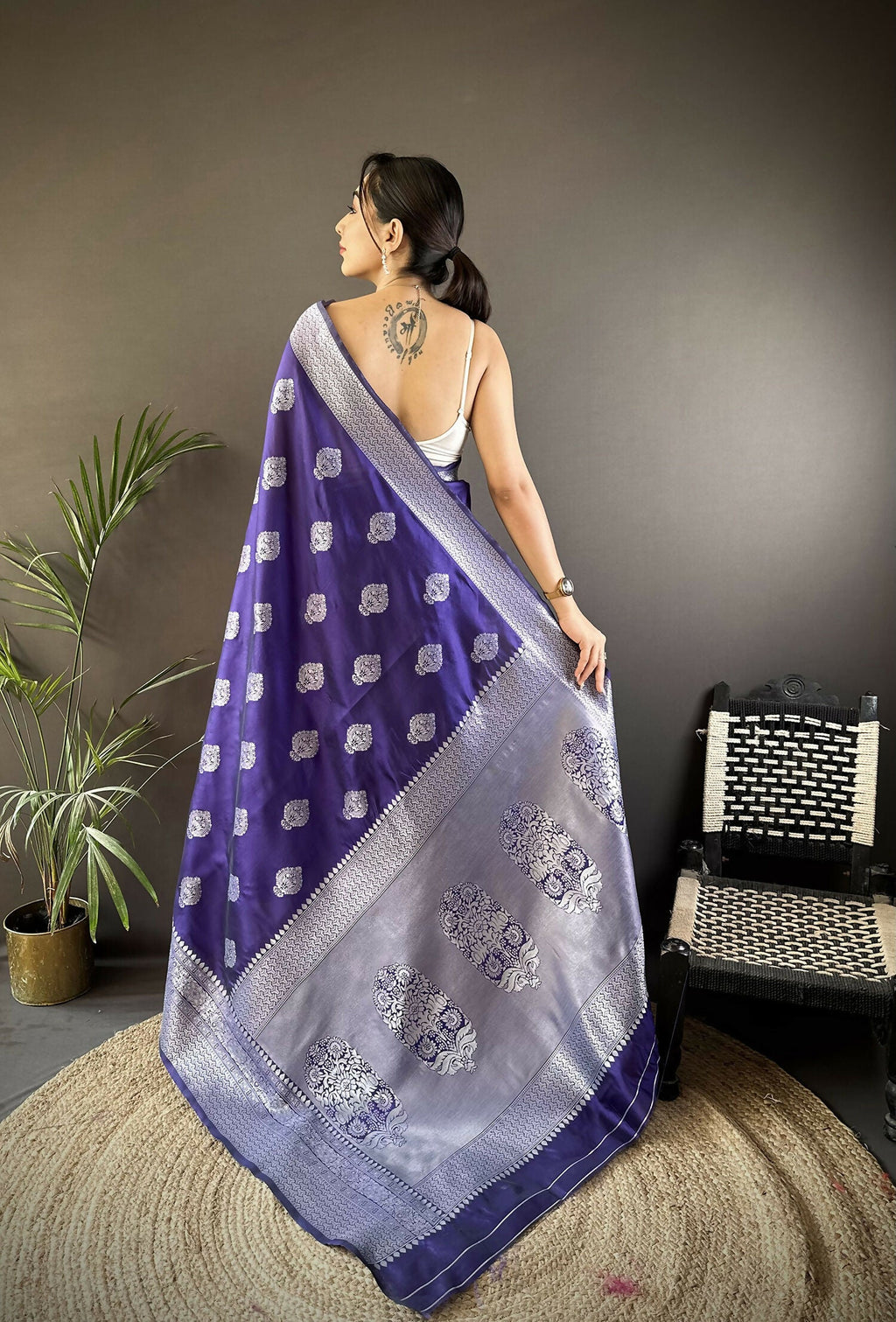 Royal Blue Floral Soft Silk Banarasi Saree with Matching Blouse