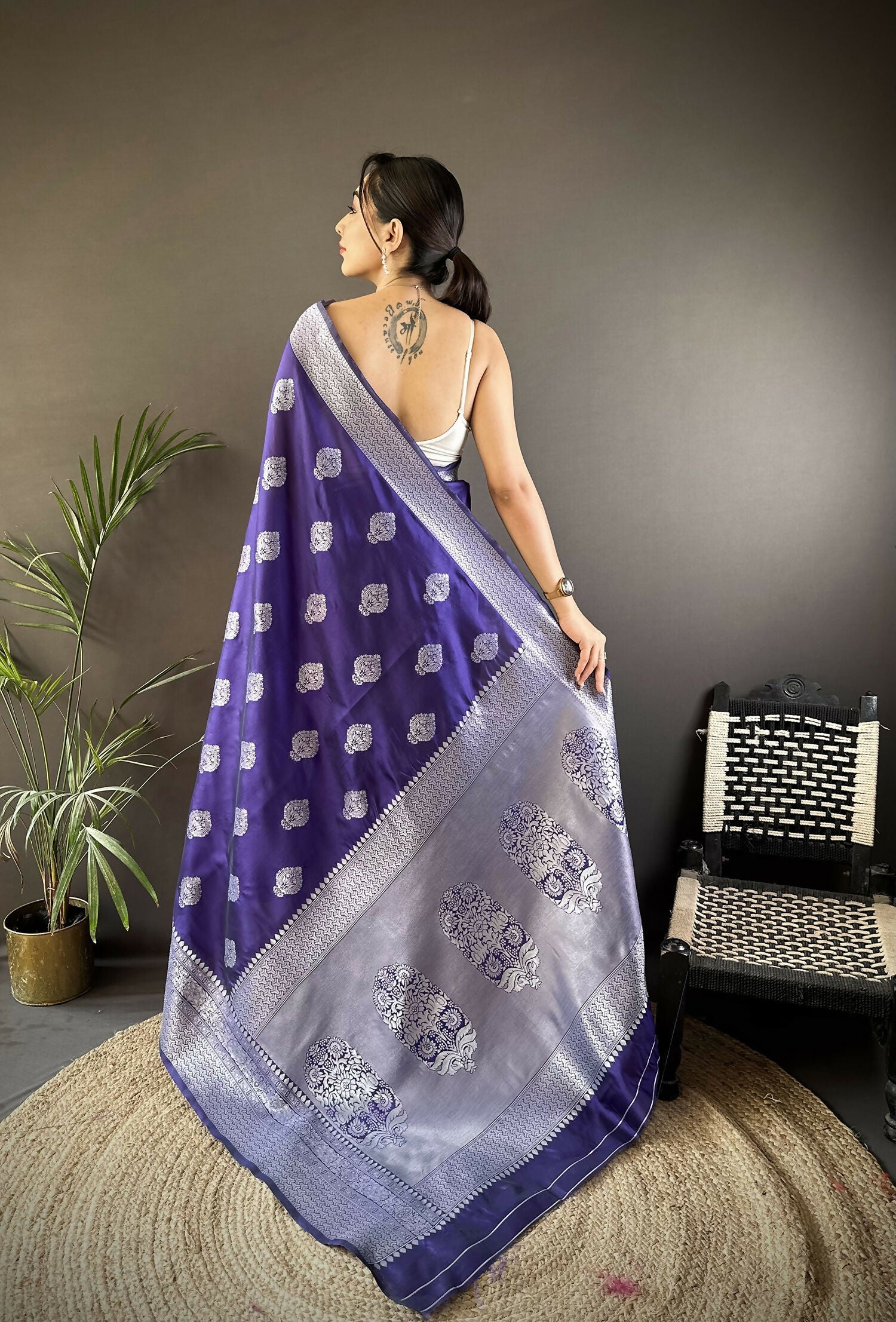 Royal Blue Floral Soft Silk Banarasi Saree with Matching Blouse