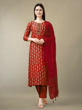 Maroon rayon straight kurta featuring elegant embroidery and sequence detailing with matching trouser and dupatta.
